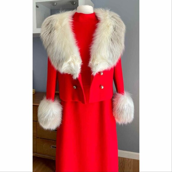 VINTAGE 60's Red Wool Dress & Jacket Suit Huge Fox Fur Trim - Picture 3 of 13